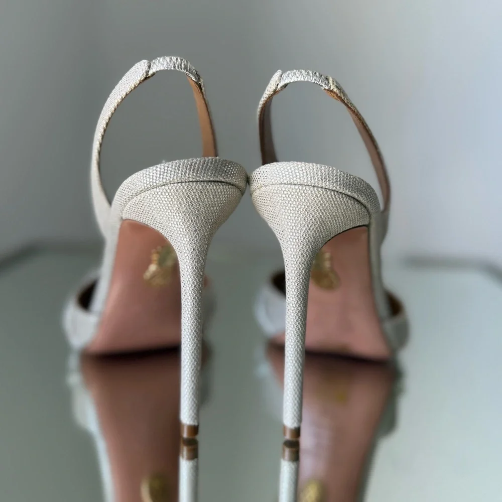 New AQUAZZURA Gatsby 105 crystal-embellished metallic canvas slingback pumps - Picture 9 of 13